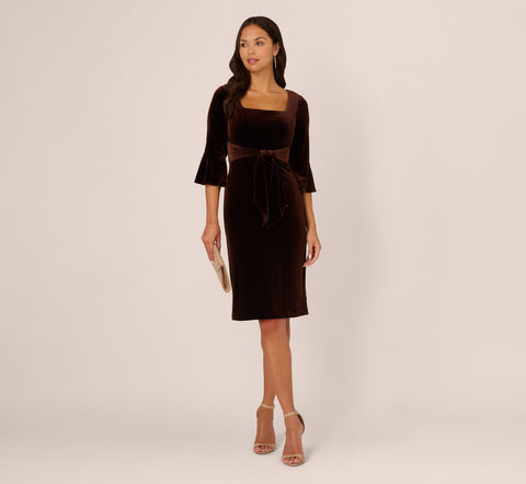 Velvet Tie Front Sheath Dress With Bell Sleeves In Dark Brown