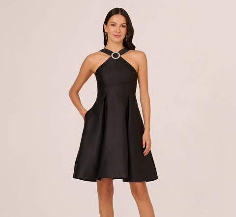 Halter Mikado Dress With Jeweled Ring Accent In Black