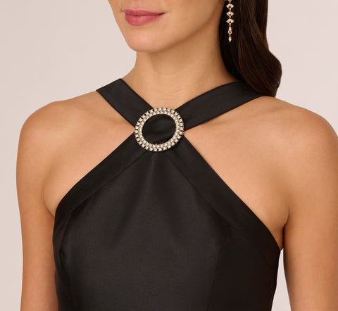 Halter Mikado Dress With Jeweled Ring Accent In Black