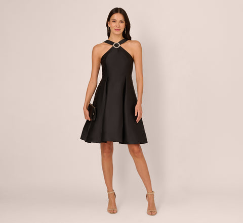 Halter Mikado Dress With Jeweled Ring Accent In Black