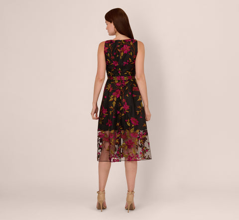 Floral Embroidered Midi Dress With Sheer Hem In Pink Black