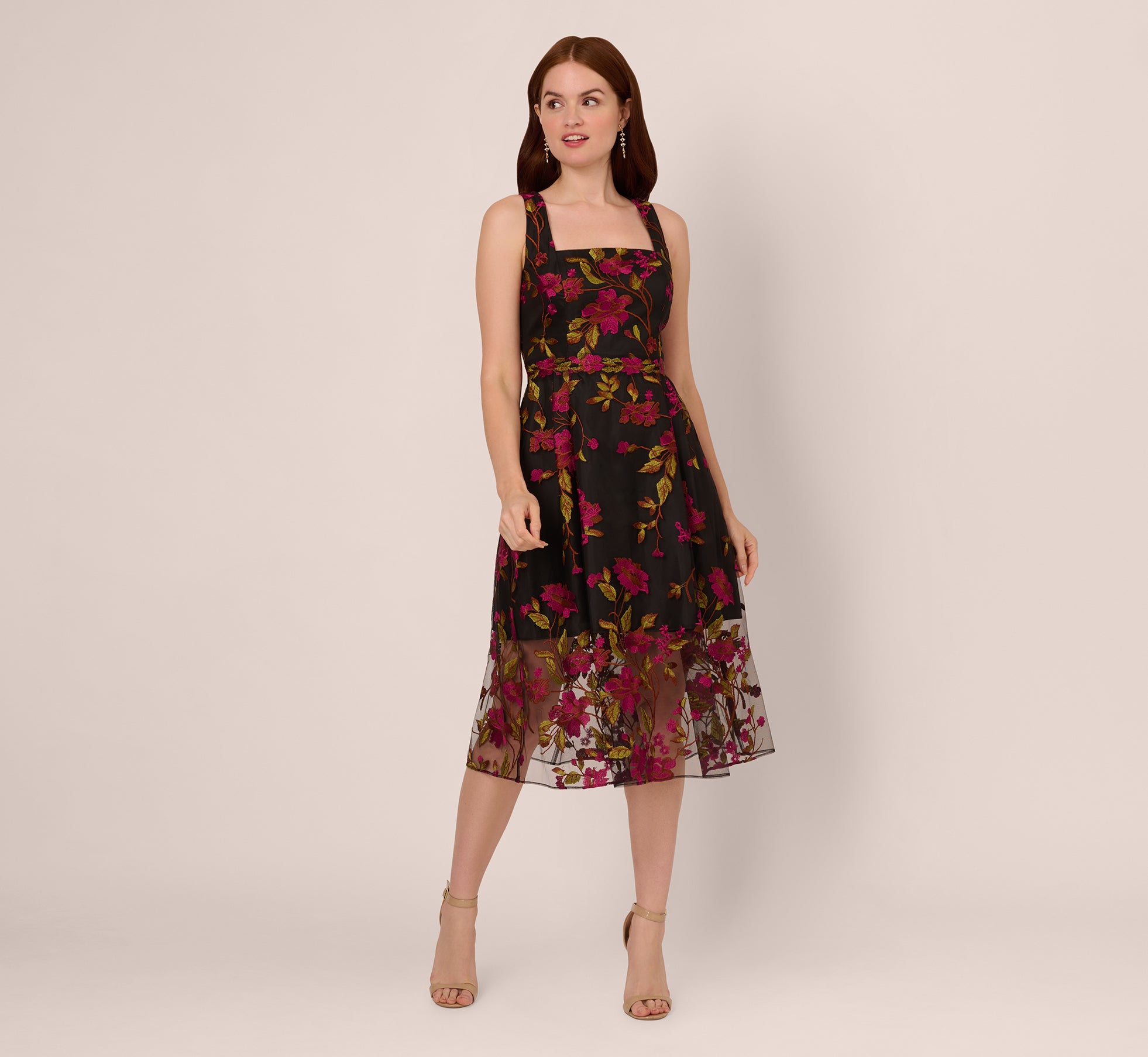 Floral Embroidered Midi Dress With Sheer Hem In Pink Black 1