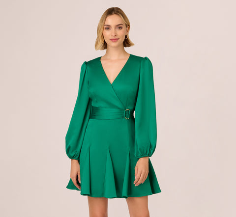 Godet Faux Wrap Short Dress In Radiant Emerald