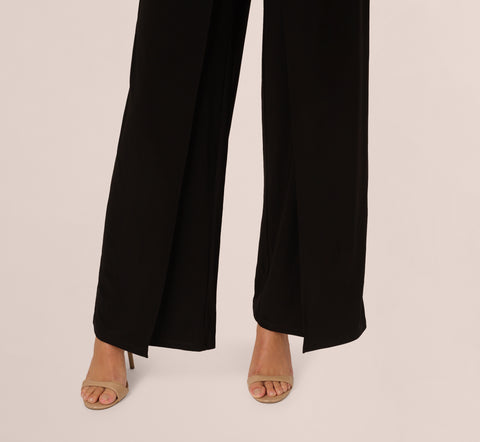 Jersey Halter Jumpsuit With Overlay Details In Black