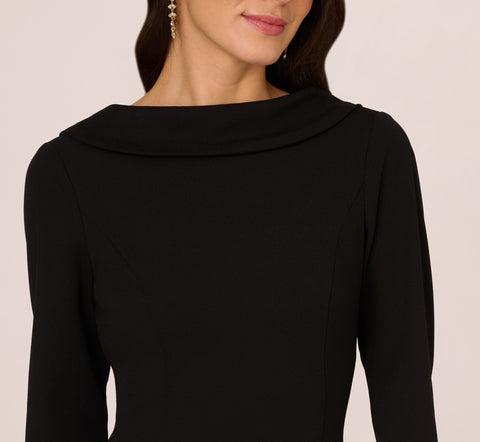 Three Quarter Sleeve Crepe Midi Dress With Rolled Neck In Black