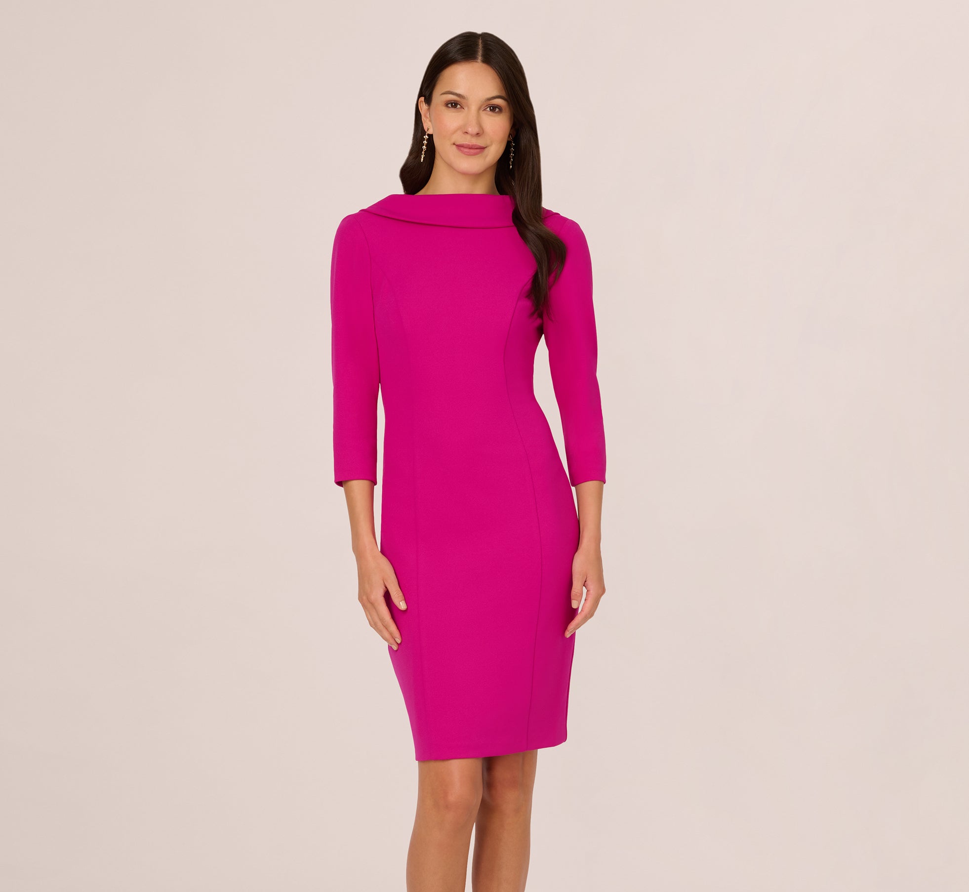 Three Quarter Sleeve Crepe Midi Dress With Rolled Neck In Pink Flambe 1