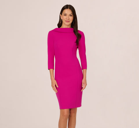 Three Quarter Sleeve Crepe Midi Dress With Rolled Neck In Pink Flambe