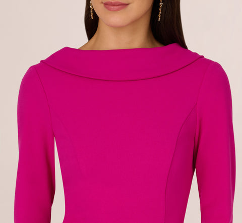 Three Quarter Sleeve Crepe Midi Dress With Rolled Neck In Pink Flambe