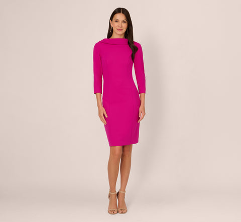 Three Quarter Sleeve Crepe Midi Dress With Rolled Neck In Pink Flambe