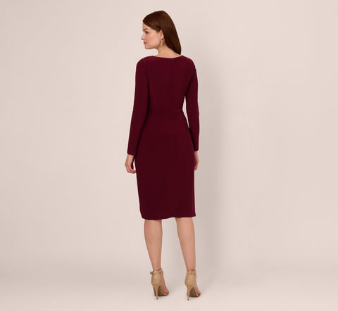 Long Sleeve Draped Jersey Dress With Chain Trim In Blackened Red