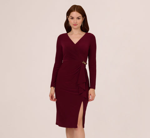 Long Sleeve Draped Jersey Dress With Chain Trim In Blackened Red