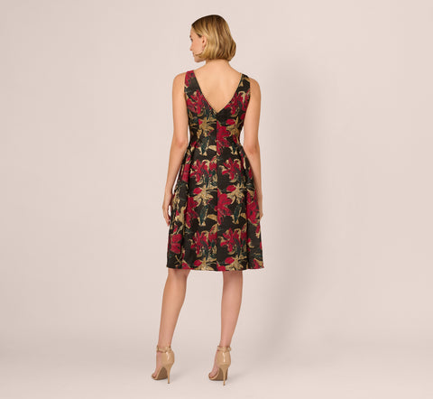 Floral Jacquard Fit And Flare Dress In Black Red