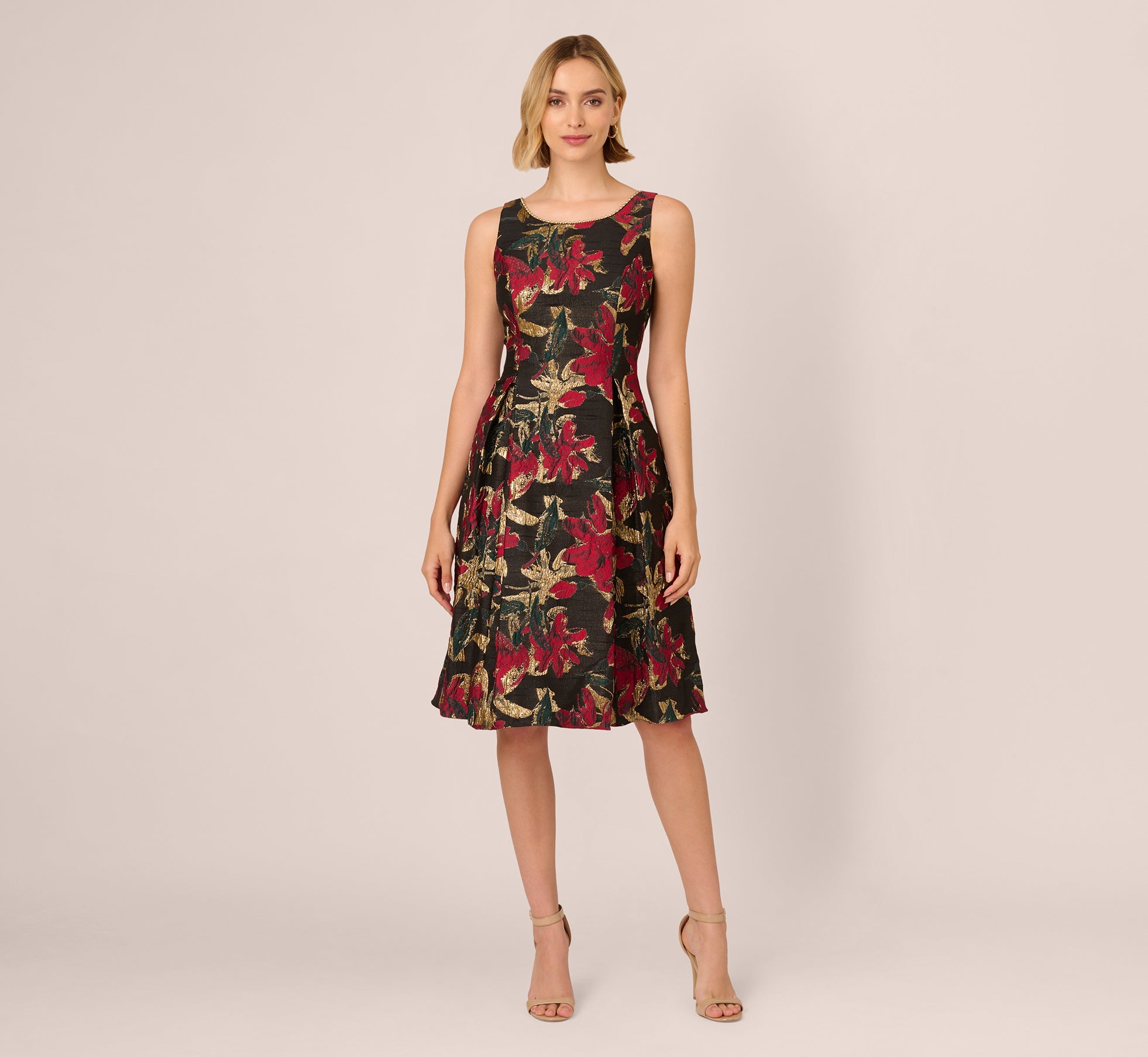 Floral Jacquard Fit And Flare Dress In Black Red 1