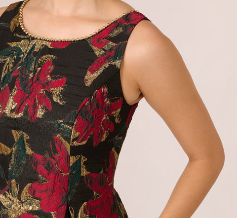 Floral Jacquard Fit And Flare Dress In Black Red