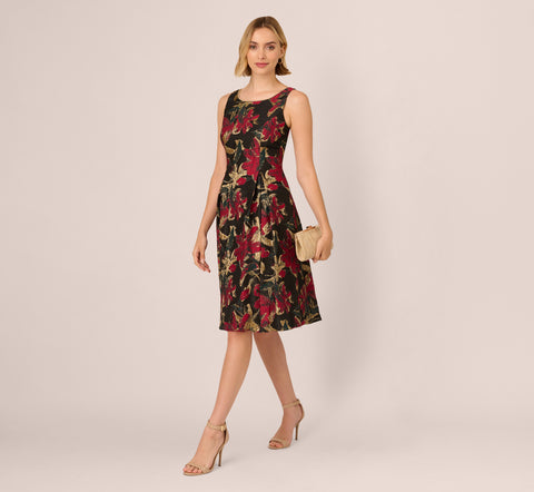 Floral Jacquard Fit And Flare Dress In Black Red