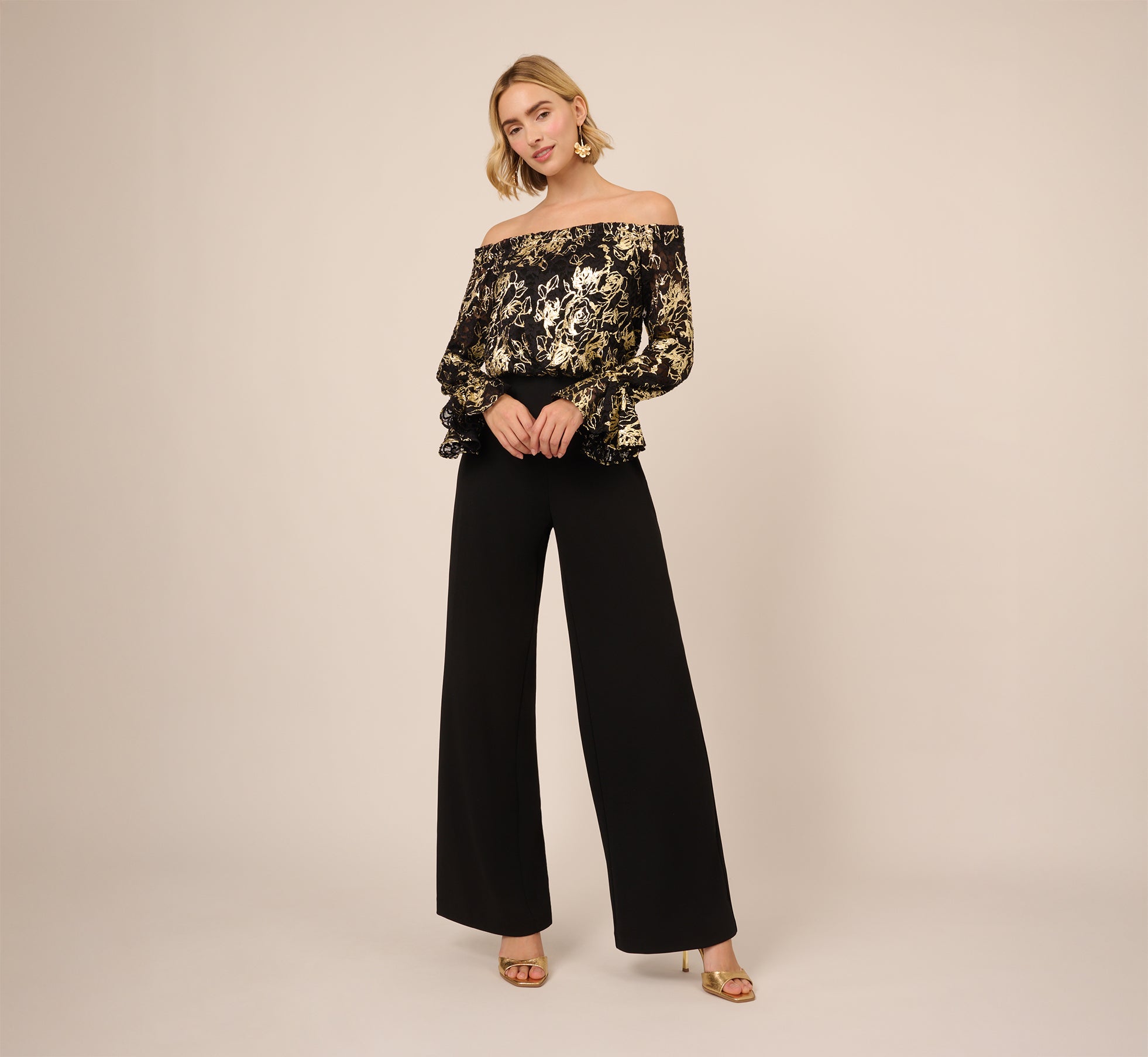 Lace And Crepe Jumpsuit In Black Gold 1