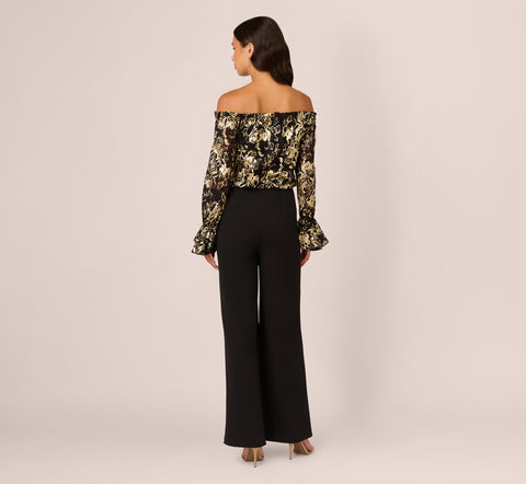 Lace And Crepe Jumpsuit In Black Gold