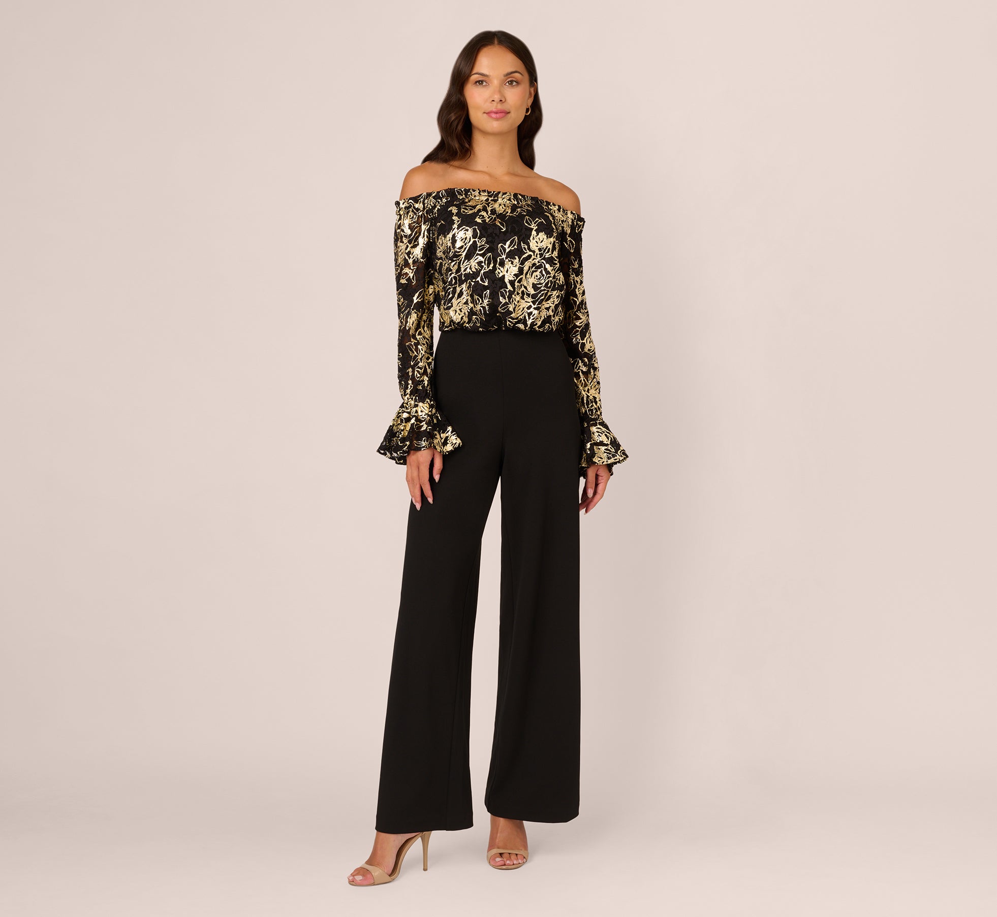 Lace And Crepe Jumpsuit In Black Gold 1