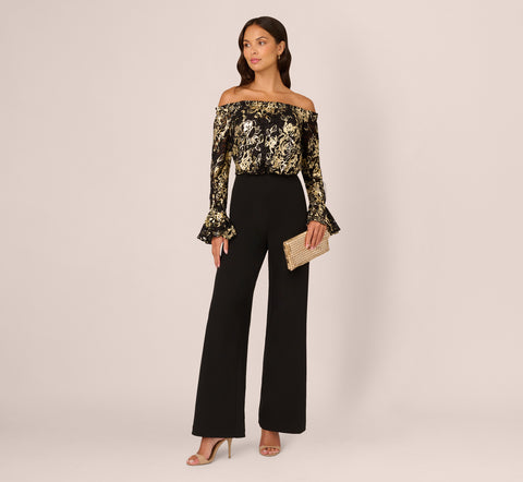 Lace And Crepe Jumpsuit In Black Gold