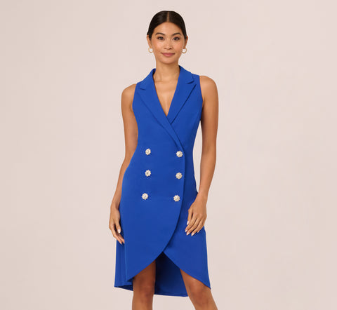 Jewel Button Tuxedo Short Dress In Deep Sapphire