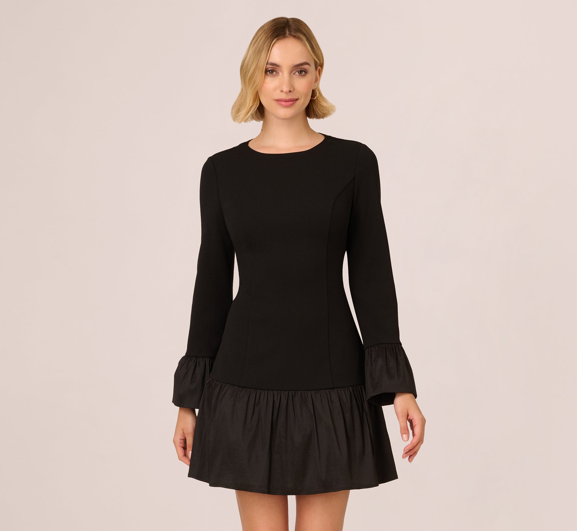 Crepe And Taffeta Drop Waist Short Dress In Black 1