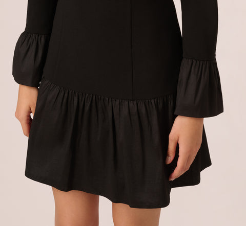 Crepe And Taffeta Drop Waist Short Dress In Black