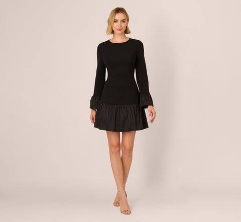 Crepe And Taffeta Drop Waist Short Dress In Black