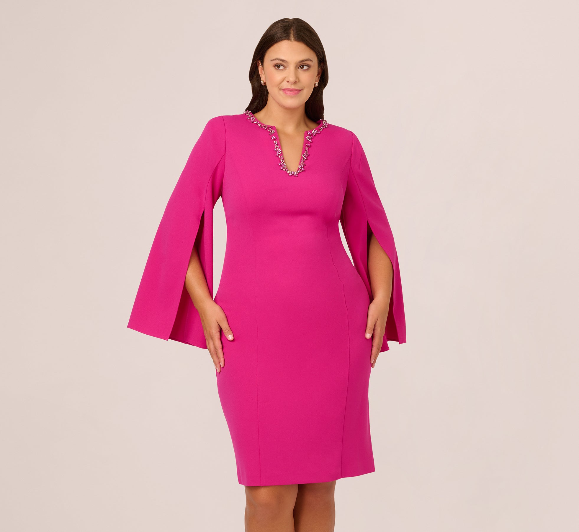 Plus Size Knit Crepe Jewel Short Dress In Berry Rose 1