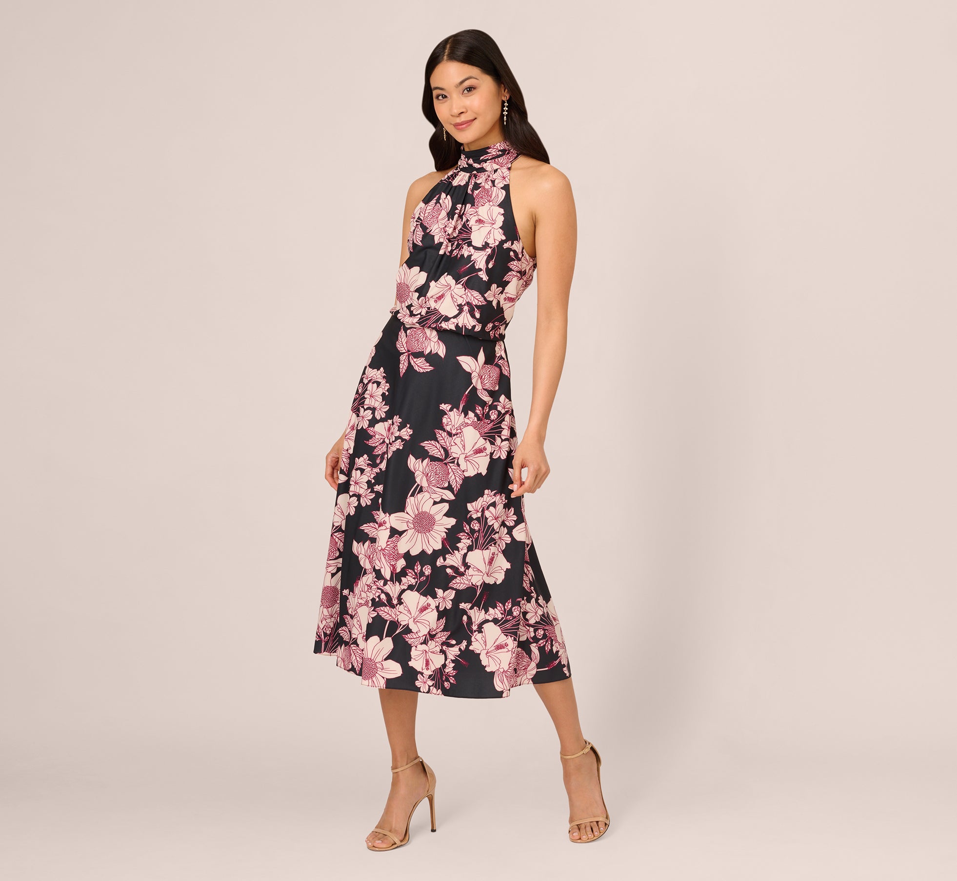 Floral Print Halter Midi Dress With Mock Neckline In Black Multi 1