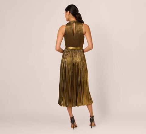 Halter Pleated Metallic Dress In Gold