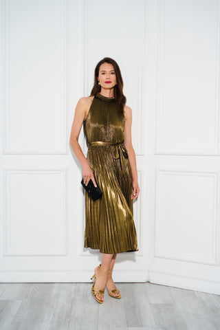 Halter Pleated Metallic Dress In Gold