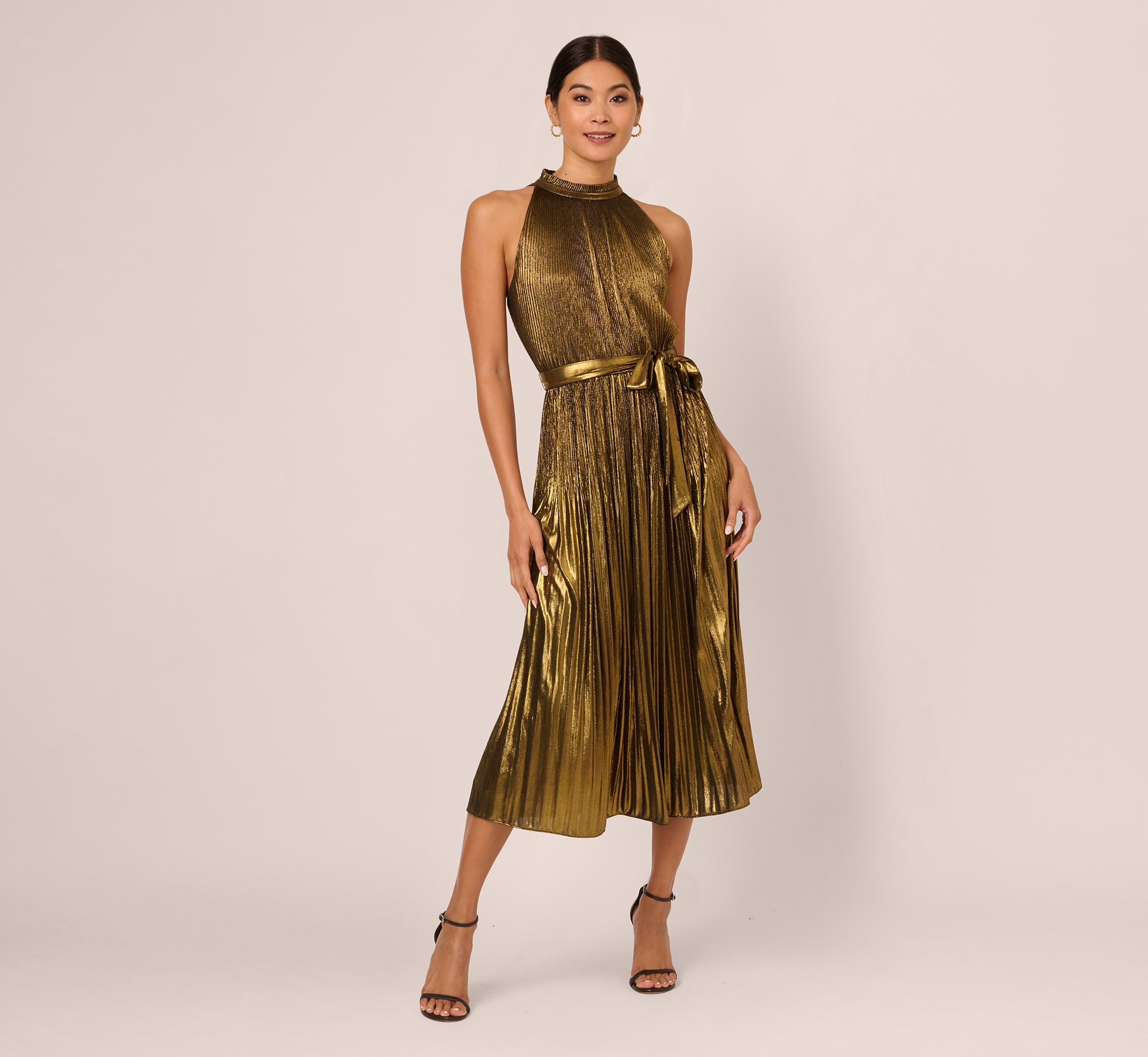 Halter Pleated Metallic Dress In Gold 1