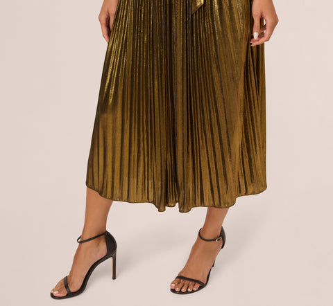 Halter Pleated Metallic Dress In Gold