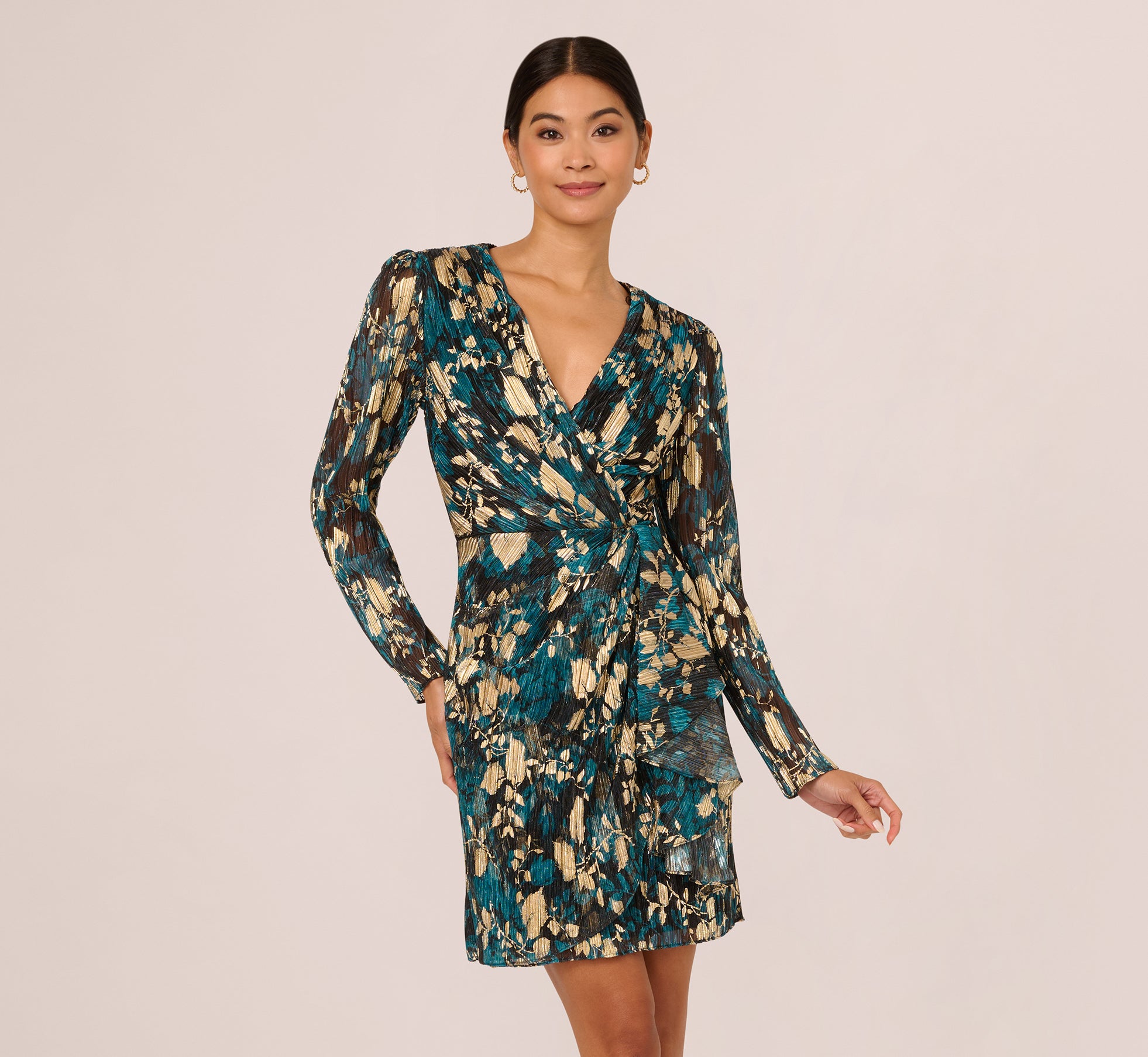 Crinkle Foil Wrap Dress In Teal Sapphire Gold 1