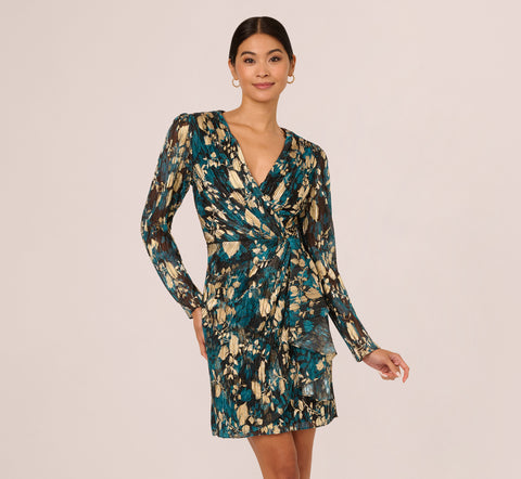 Crinkle Foil Wrap Dress In Teal Sapphire Gold