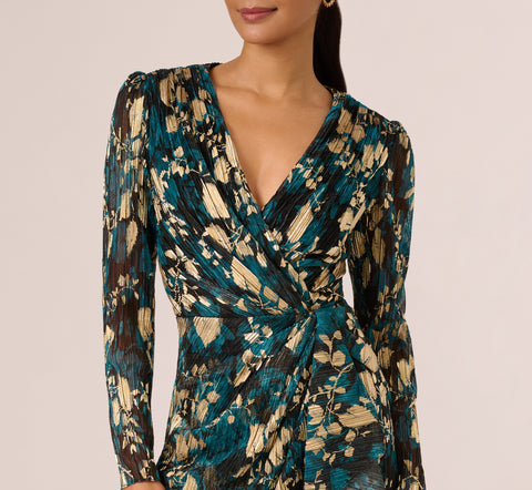 Crinkle Foil Wrap Dress In Teal Sapphire Gold