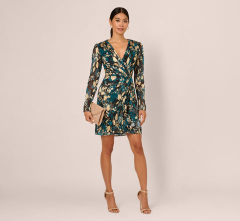 Crinkle Foil Wrap Dress In Teal Sapphire Gold