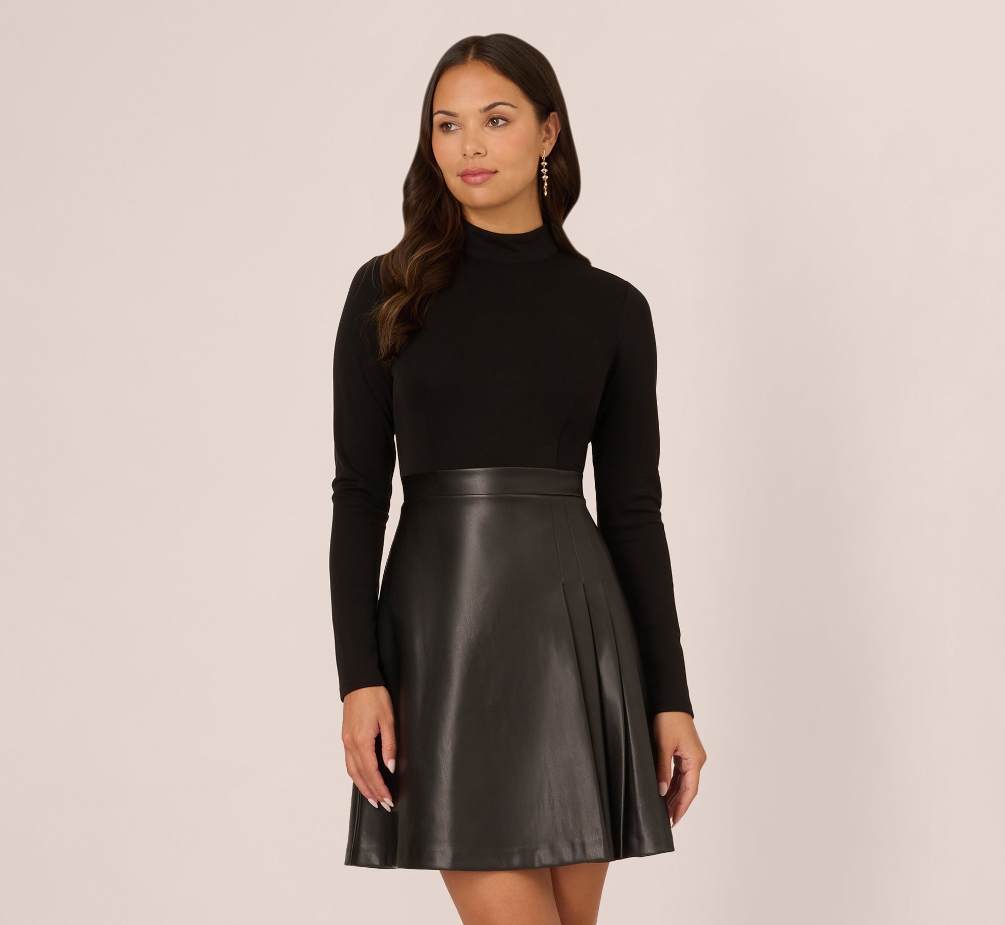 Long Sleeve Ponte Knit Dress With Faux Leather Skirt In Black 1