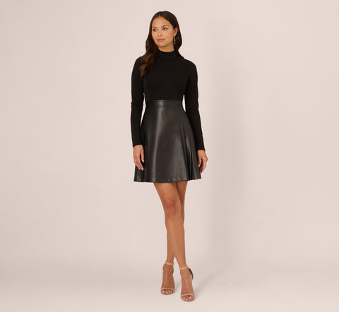 Long Sleeve Ponte Knit Dress With Faux Leather Skirt In Black