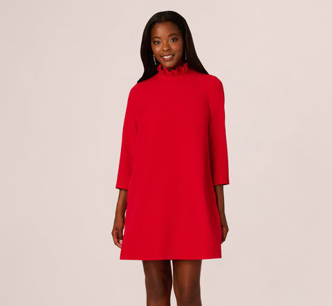 Ruffle Mock Neck A Line Shift Dress In Red