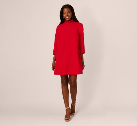 Ruffle Mock Neck A Line Shift Dress In Red