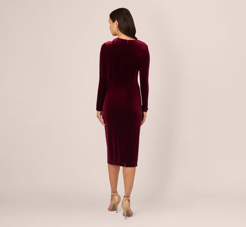 Long Sleeve Velvet Dress With Asymmetric Cutout Neckline In Burgundy