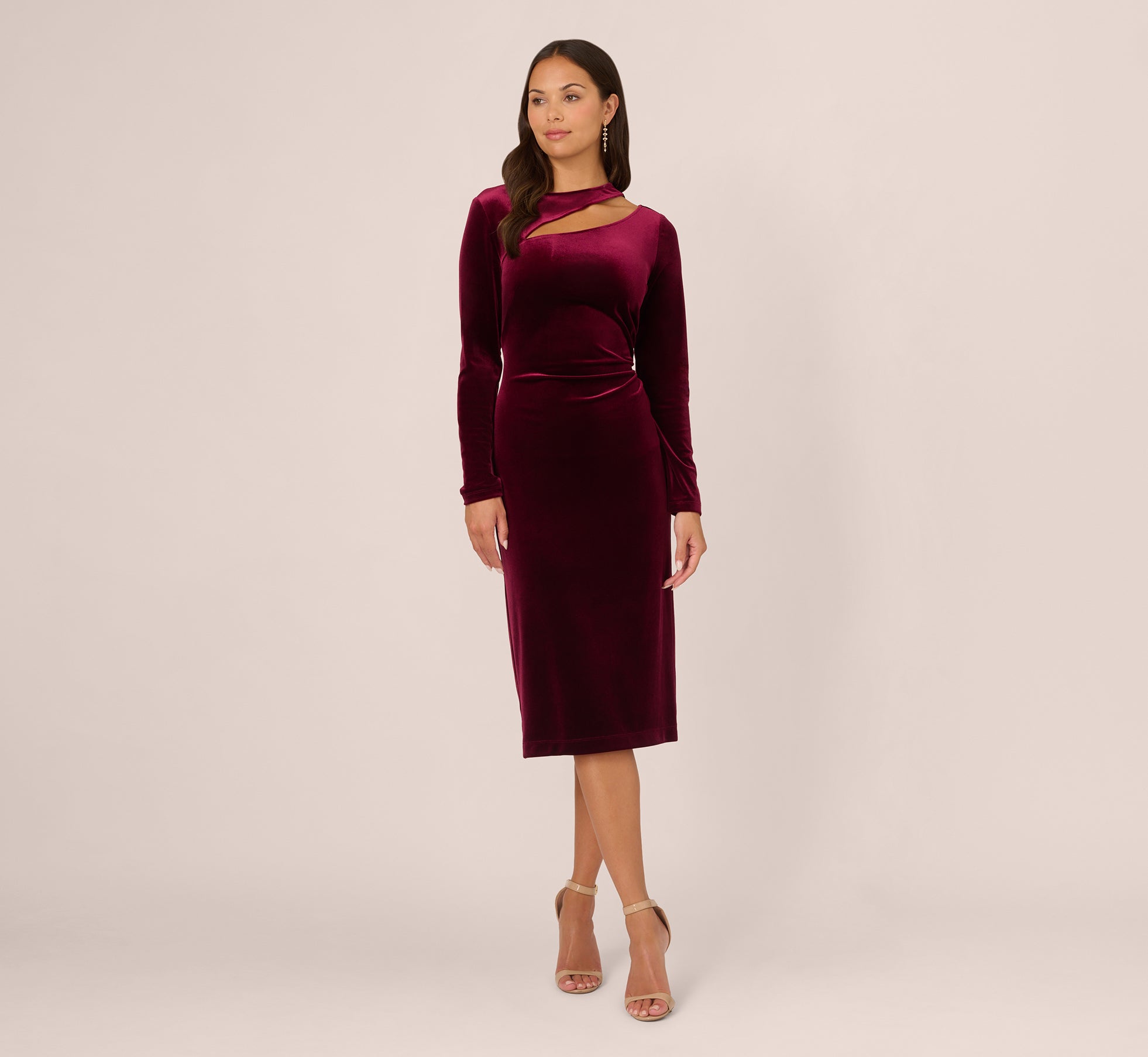 Long Sleeve Velvet Dress With Asymmetric Cutout Neckline In Burgundy 1