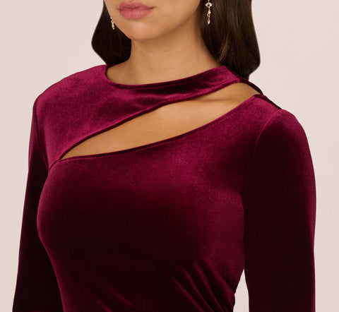 Long Sleeve Velvet Dress With Asymmetric Cutout Neckline In Burgundy