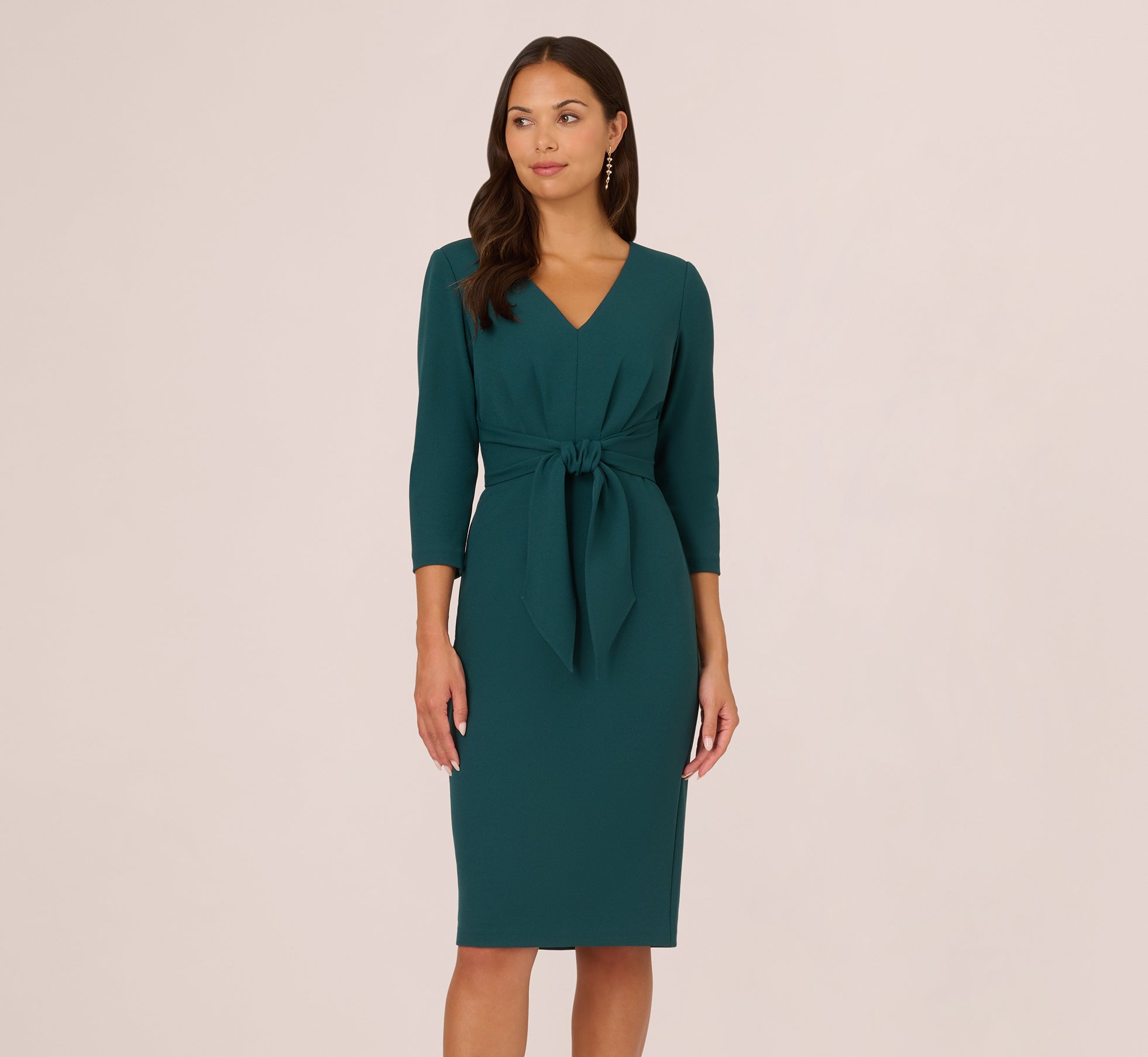 Three Quarter Sleeve Pleated Midi Dress With Tie Waist In Hunter 1