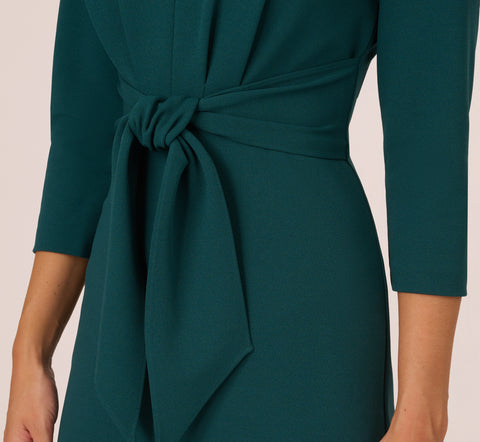 Three Quarter Sleeve Pleated Midi Dress With Tie Waist In Hunter