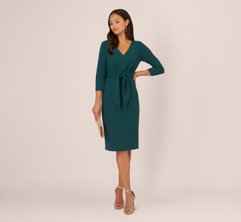 Three Quarter Sleeve Pleated Midi Dress With Tie Waist In Hunter