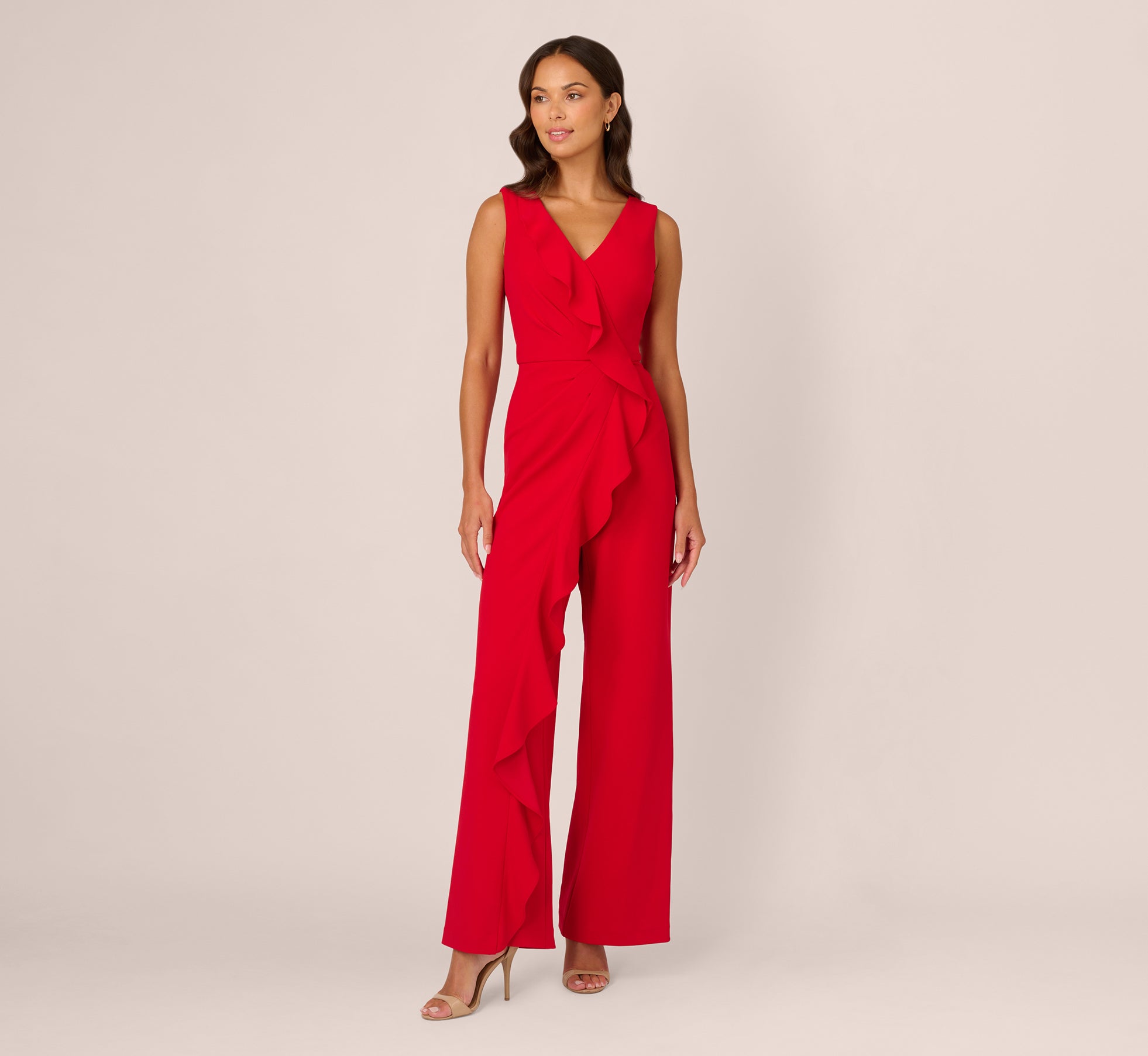 Knit Crepe Ruffle Jumpsuit In Super Red 1