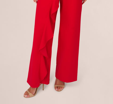 Knit Crepe Ruffle Jumpsuit In Super Red