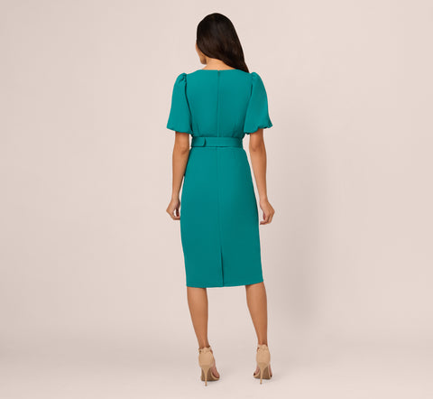 Crepe Bubble Sleeve Belted Dress In Tempo Teal